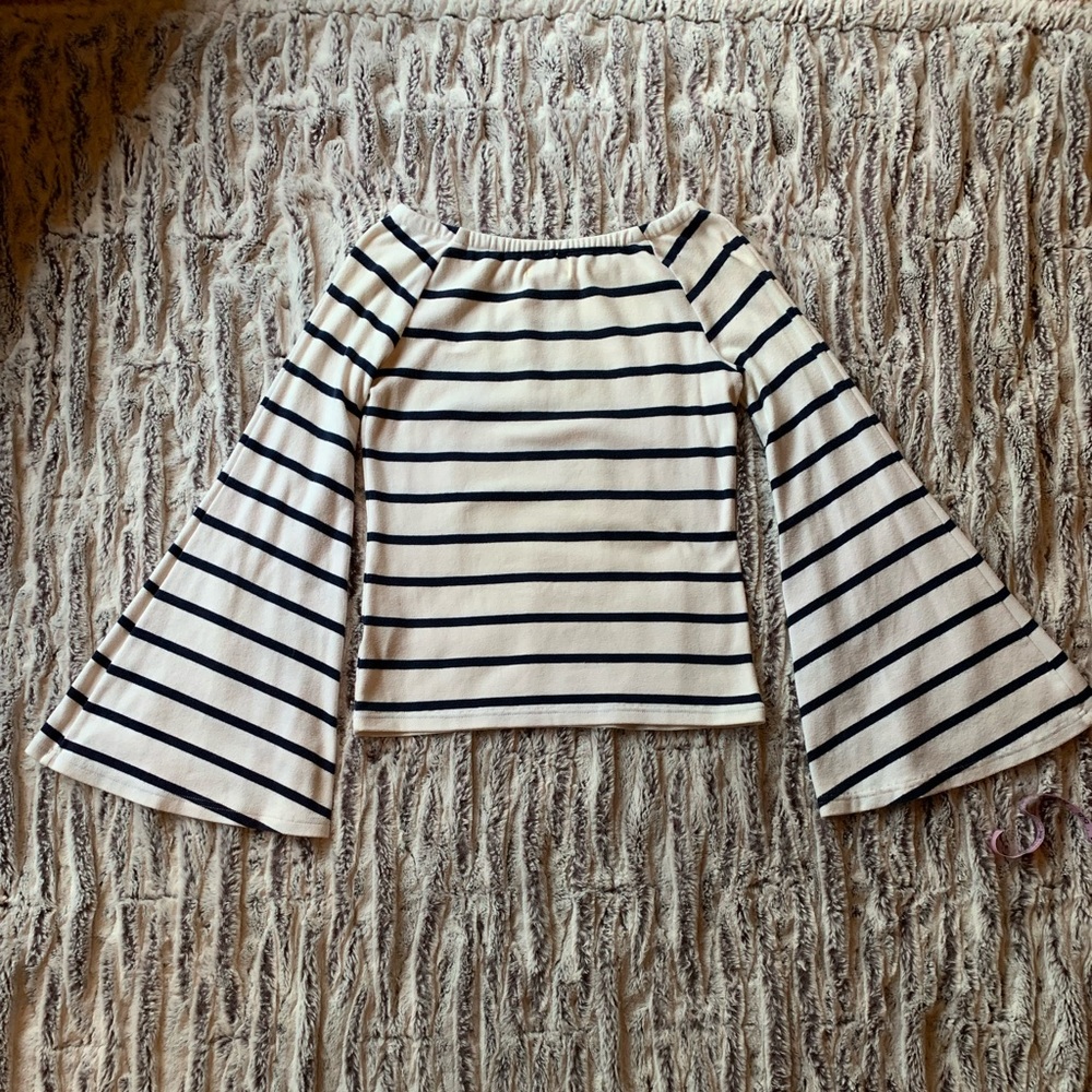 Size Small Anthropologie (Deletta) Bell Sleeved, Navy & White Stripped Shirt